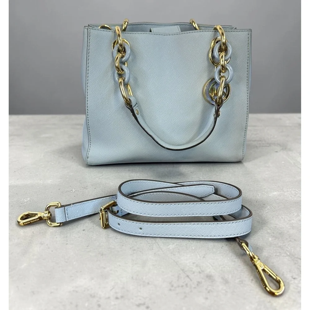 Michael Kors Cynthia Satchel Pale Blue Saffiano Leather Chain Handle Handbag